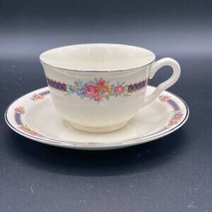Hall China Co. Blue Bouquet Teacup and Saucer Set